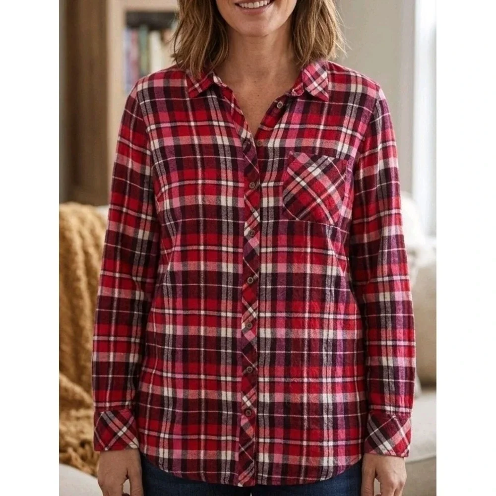Kut From The Kloth Red White Plaid Long-Sleeve Button Up Shirt Women's Size S - Picture 3 of 6